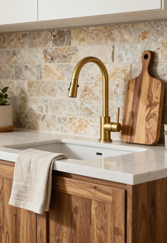 15 Brushed Gold Kitchen Faucet Ideas With Luxe Shine - 10. Combined Textures 1