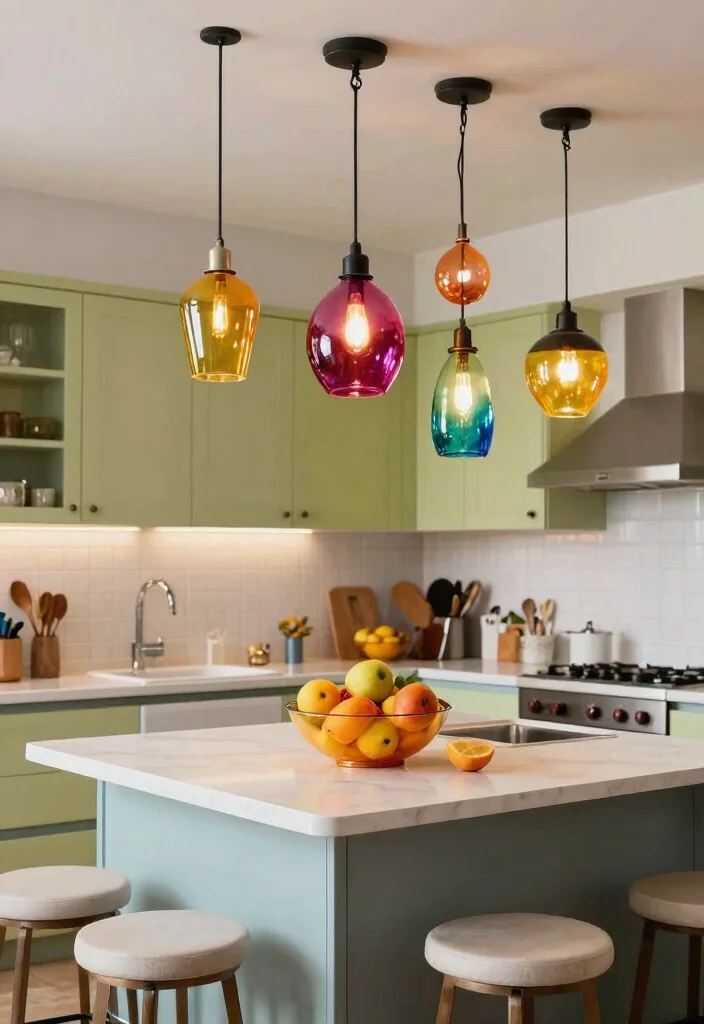 15 Kitchen Island Lamp Ideas With Stylish Glow 12 15 Kitchen Island Lamp Ideas With Stylish Glow - 12. Colorful Glass Pendant Lights 1