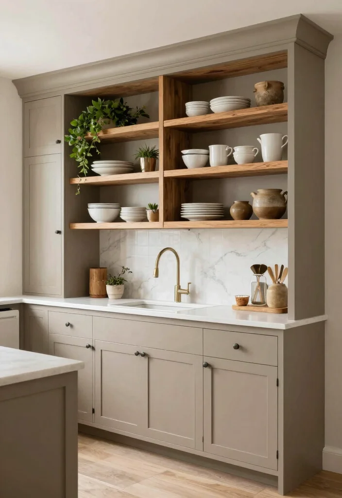 15 Light Taupe Kitchen Cabinets Ideas With Soft Elegance - 10. Modern Farmhouse with Open Shelving 1