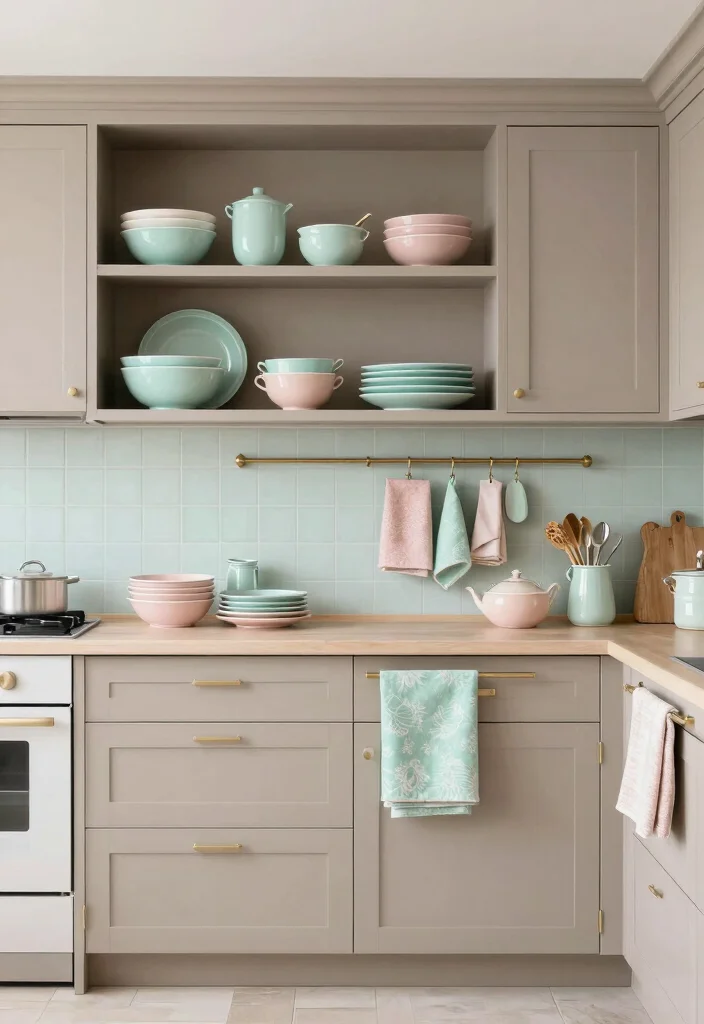 15 Light Taupe Kitchen Cabinets Ideas With Soft Elegance - 13. Soft and Subtle with Pastel Accents 1