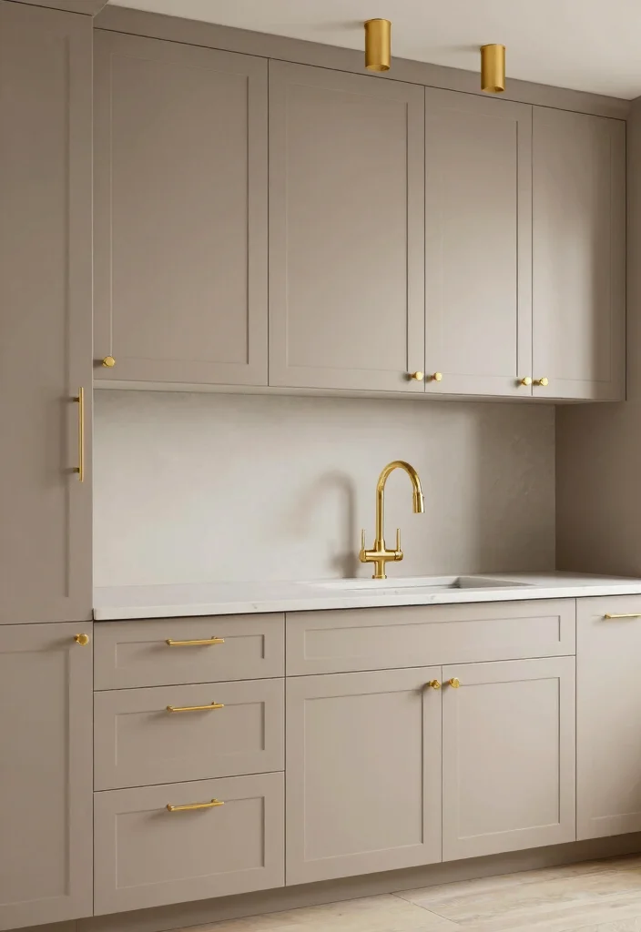 15 Light Taupe Kitchen Cabinets Ideas With Soft Elegance - 6. Luxurious Touch with Gold Fixtures 1