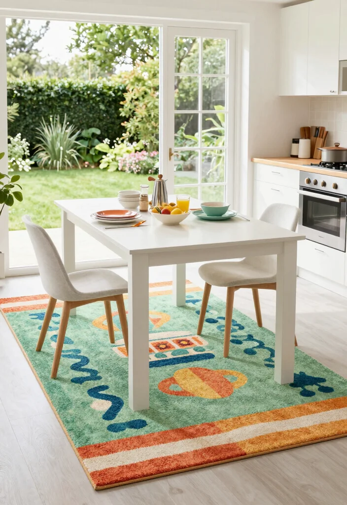 15 Rug Under Kitchen Table Ideas That Define the Space 10 15 Rug Under Kitchen Table Ideas That Define the Space - 10. Outdoor-Inspired Rugs 1
