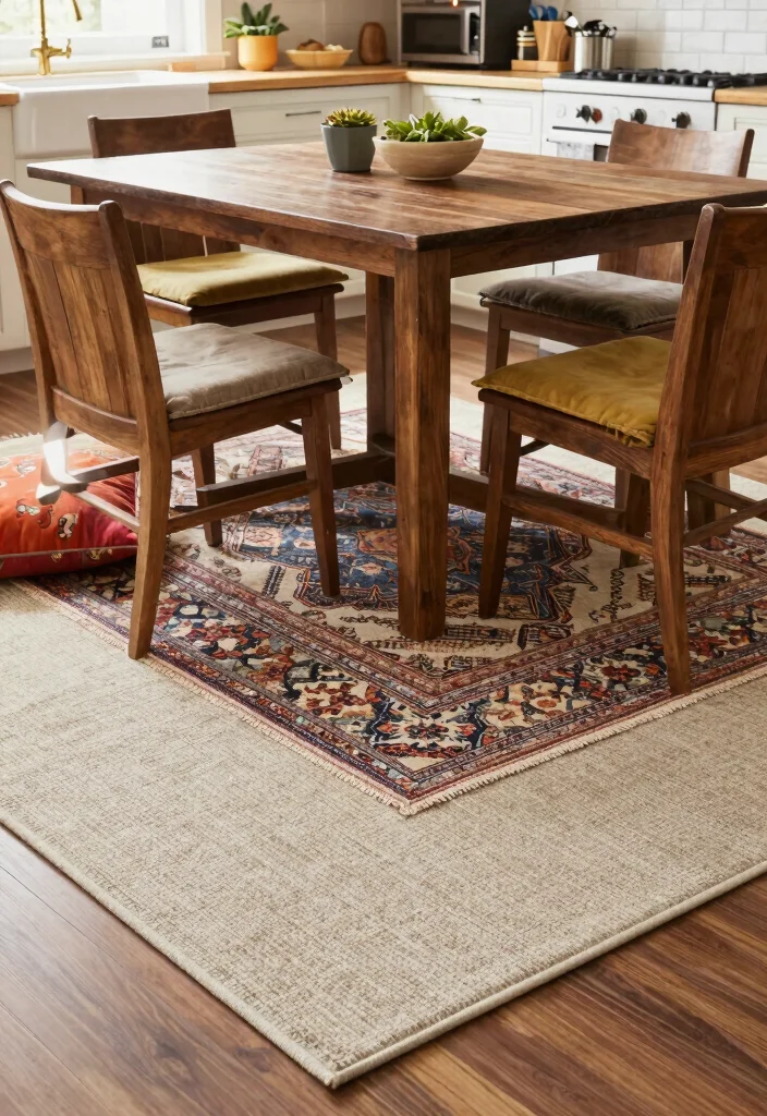 15 Rug Under Kitchen Table Ideas That Define the Space 13 15 Rug Under Kitchen Table Ideas That Define the Space - 13. Layered Rugs for Depth 1