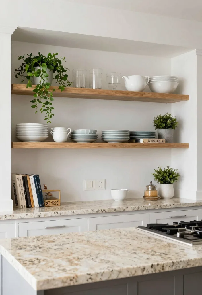 16 Beige Granite Countertops Kitchen Ideas With Classic Appeal - 11. Open Shelving for a Modern Touch 1