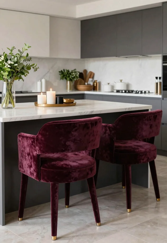 16 Kitchen Island Seating Ideas That Blend Comfort & Style - 16. Luxurious Velvet Chairs 1