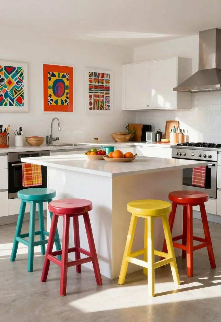 16 Kitchen Island Seating Ideas That Blend Comfort & Style - 7. Colorful Painted Stools 1