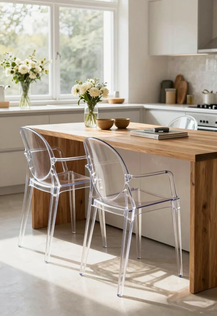 16 Kitchen Island Seating Ideas That Blend Comfort & Style - 8. Elegant Acrylic Chairs 1