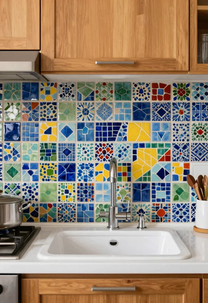 16 Kitchen Sink Tiles Ideas That Add Texture - 1. Bright and Bold Mosaic Tiles 1