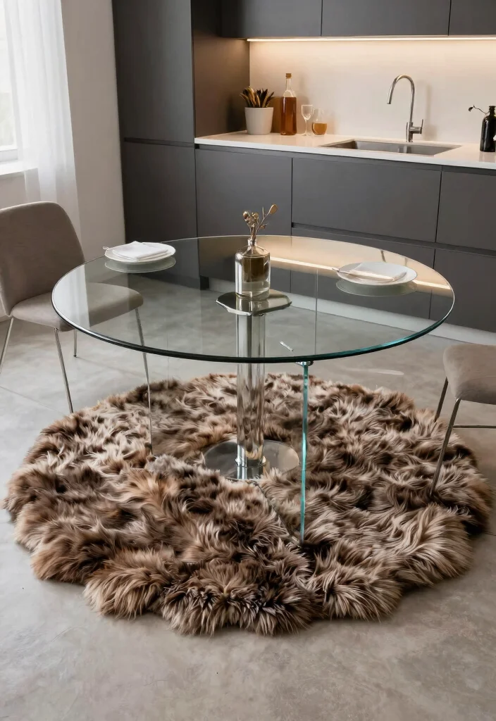 16 Round Rug Under Kitchen Table Ideas That Add Cozy Texture - 10. Faux Fur Round Rug 1