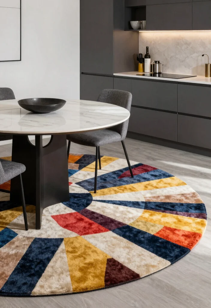 16 Round Rug Under Kitchen Table Ideas That Add Cozy Texture - 11. Geometric Patterned Round Rug 1