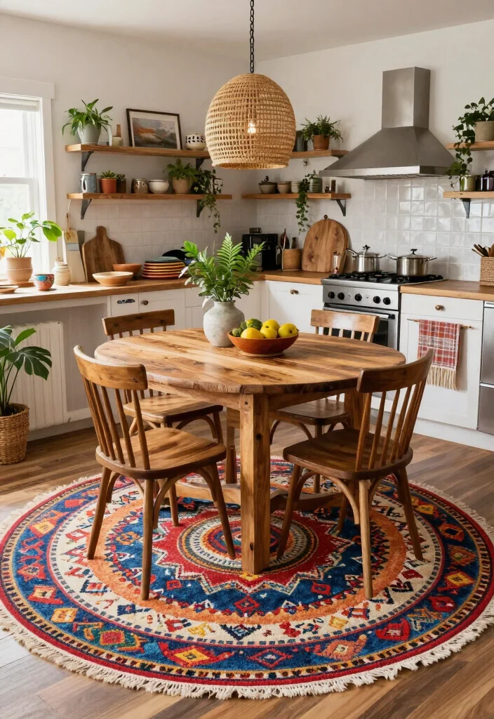 16 Round Rug Under Kitchen Table Ideas That Add Cozy Texture - 14. Bohemian Round Rug 1