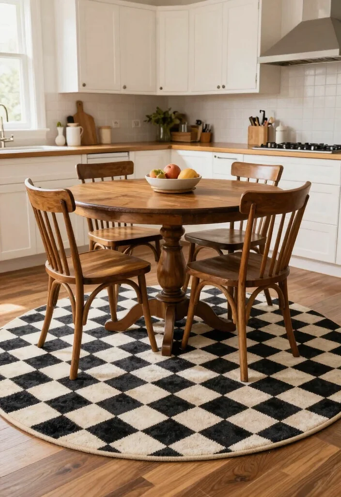 16 Round Rug Under Kitchen Table Ideas That Add Cozy Texture - 15. Classic Checkered Round Rug 1