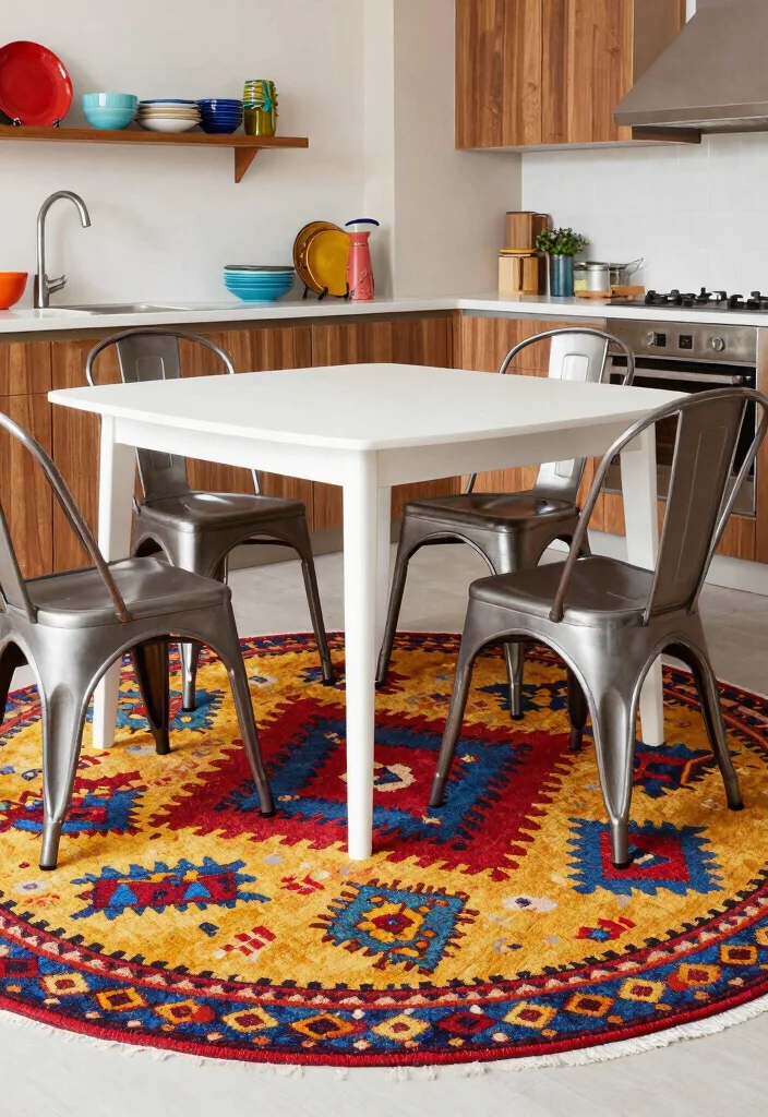 16 Round Rug Under Kitchen Table Ideas That Add Cozy Texture - 2. Colorful Kilim Round Rug 1