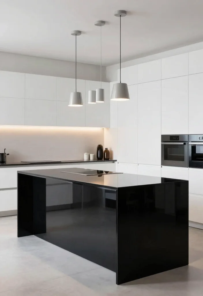 16 White Kitchen Dark Island Ideas With Bold Balance - 12. Glossy Black Island with Matte White Cabinets 1