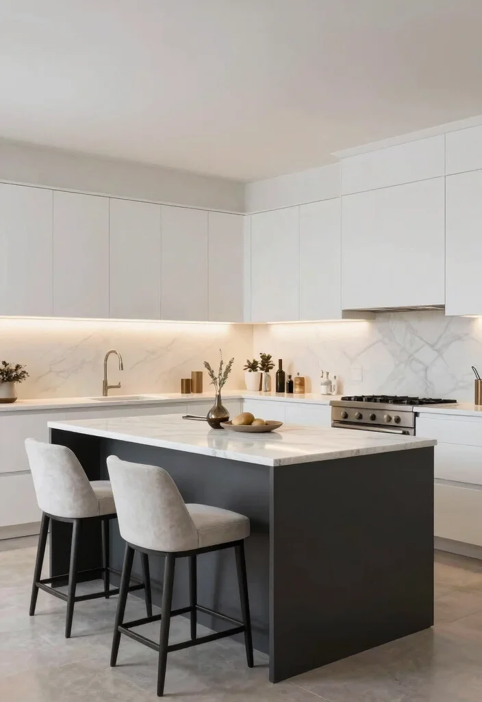 16 White Kitchen Dark Island Ideas With Bold Balance - 13. Elegant Charcoal Island with White Marble Top 1