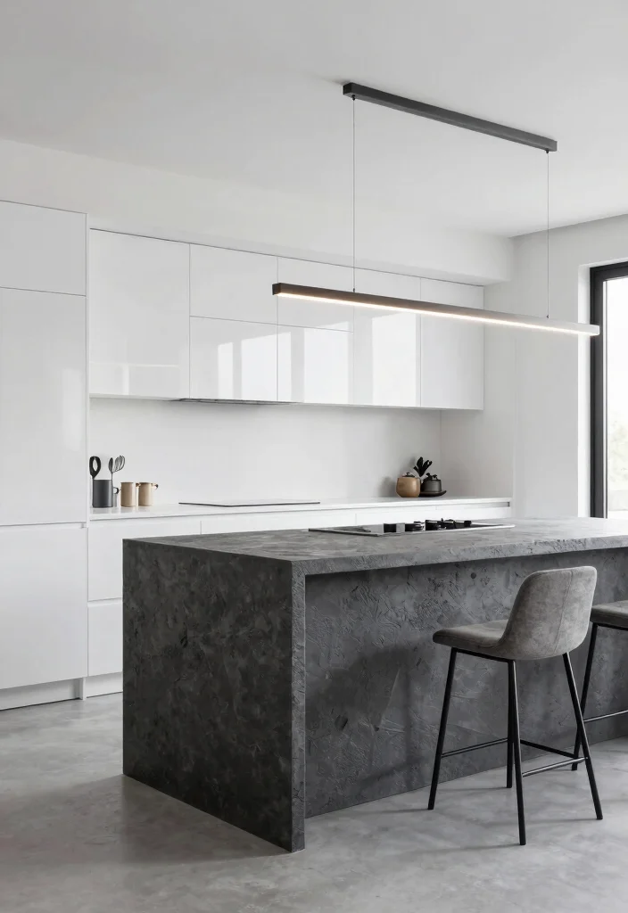 16 White Kitchen Dark Island Ideas With Bold Balance - 15. Textured Dark Gray Island with White Glossy Cabinets 1