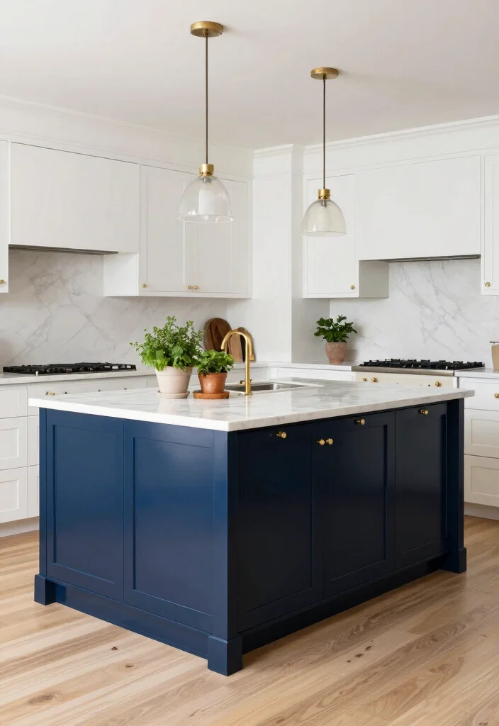 16 White Kitchen Dark Island Ideas With Bold Balance - 2. Navy Blue Island in a White Kitchen 1