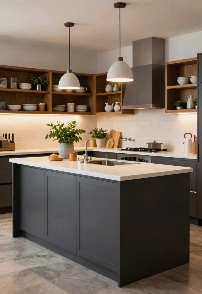 16 White Kitchen Dark Island Ideas With Bold Balance - 6. Charcoal Island with White Accents and Wood Touches 1