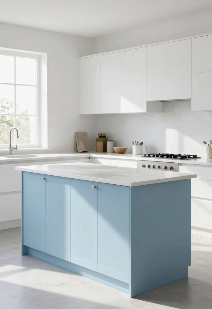16 White Kitchen Dark Island Ideas With Bold Balance - 7. Ice Blue Island in a White Kitchen 1