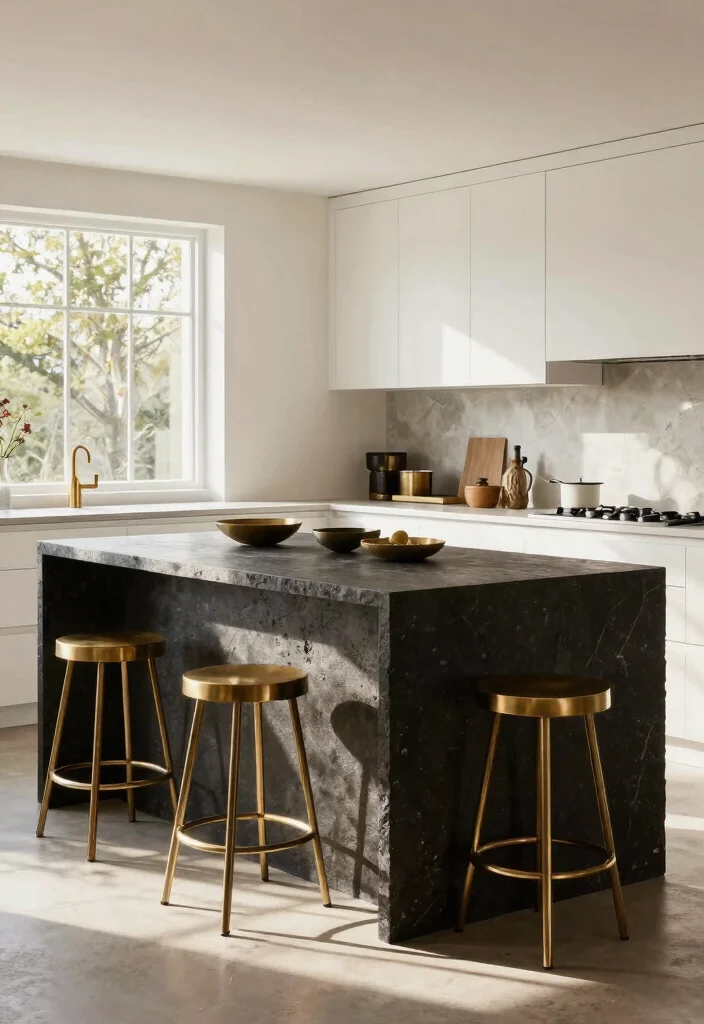 16 White Kitchen Dark Island Ideas With Bold Balance - 8. Textured Dark Stone Island Surrounded by White Cabinets 1