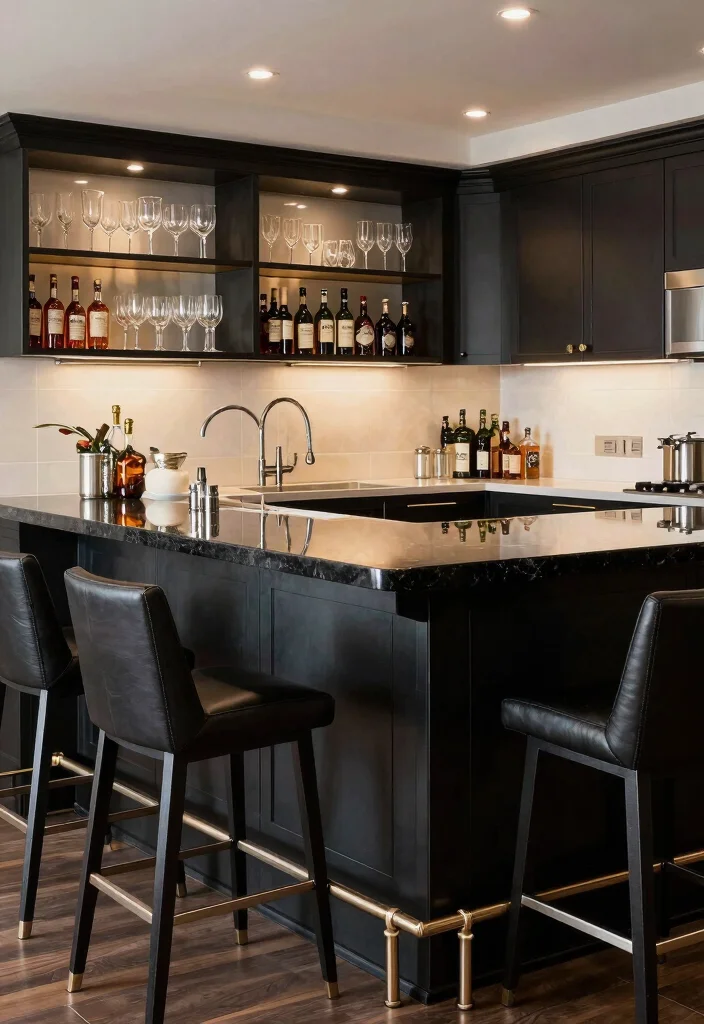 17 Black Granite Countertops Kitchen Modern Ideas With Sleek Style - 16. Unique Bar Area with Black Granite 1
