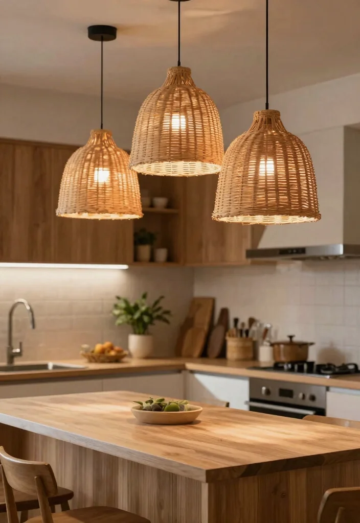 17 Hanging Lights Over Kitchen Island Ideas That Glow Beautifully - 11. Woven Rattan Pendant Lights 1