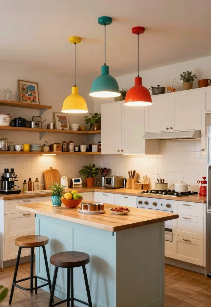 17 Hanging Lights Over Kitchen Island Ideas That Glow Beautifully - 16. Painted Vintage Fixtures 1