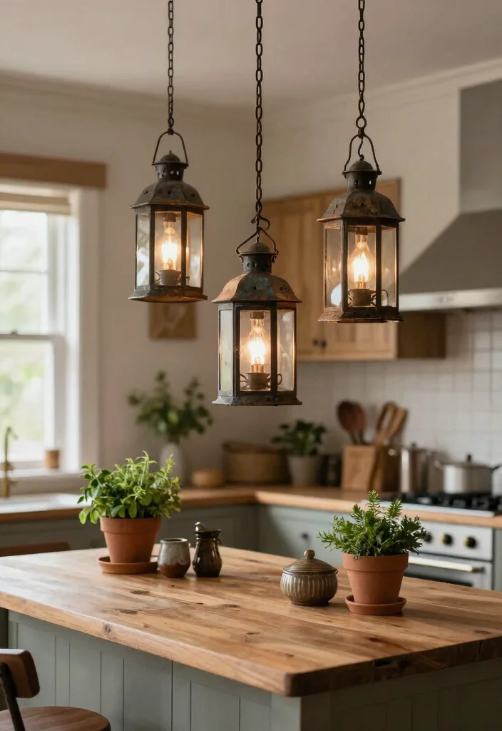 17 Hanging Lights Over Kitchen Island Ideas That Glow Beautifully - 3. Rustic Lanterns 1