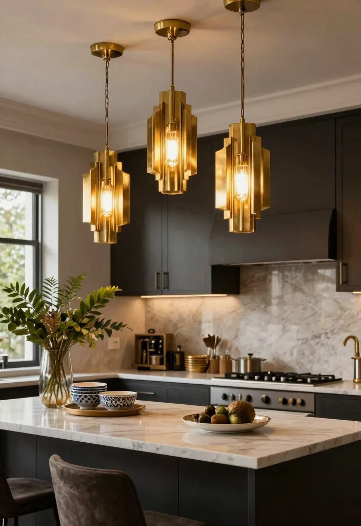 17 Hanging Lights Over Kitchen Island Ideas That Glow Beautifully - 6. Art Deco Inspired Fixtures 1