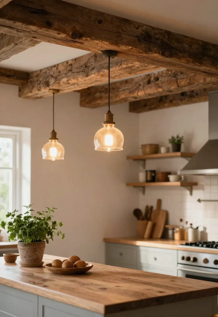 17 Hanging Lights Over Kitchen Island Ideas That Glow Beautifully - 7. Rustic Wooden Beams with Lights 1