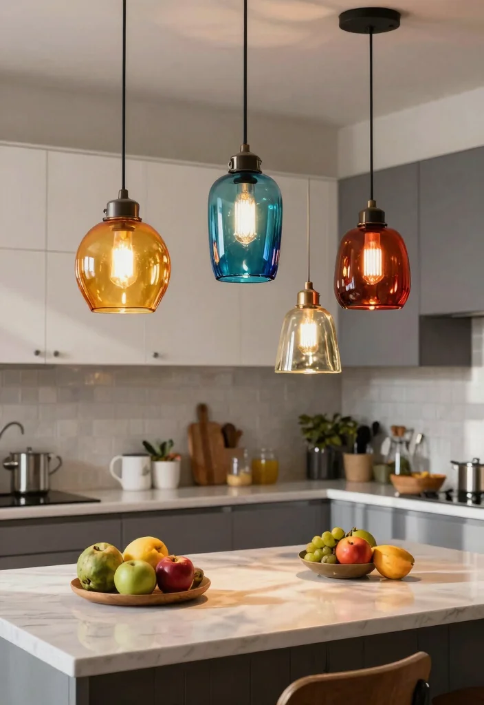 17 Hanging Lights Over Kitchen Island Ideas That Glow Beautifully - 8. Colorful Glass Pendants 1