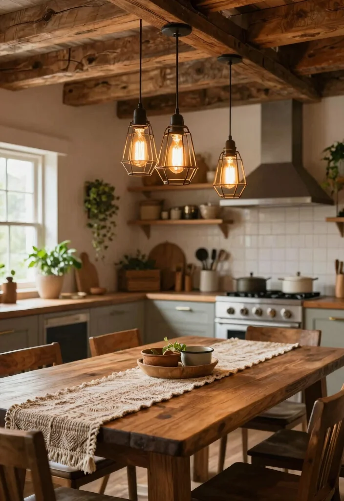 17 Kitchen Dining Lighting Ideas That Create Warm Ambience 1 17 Kitchen Dining Lighting Ideas That Create Warm Ambience - 1. Rustic Wooden Beams with Pendant Lighting 1