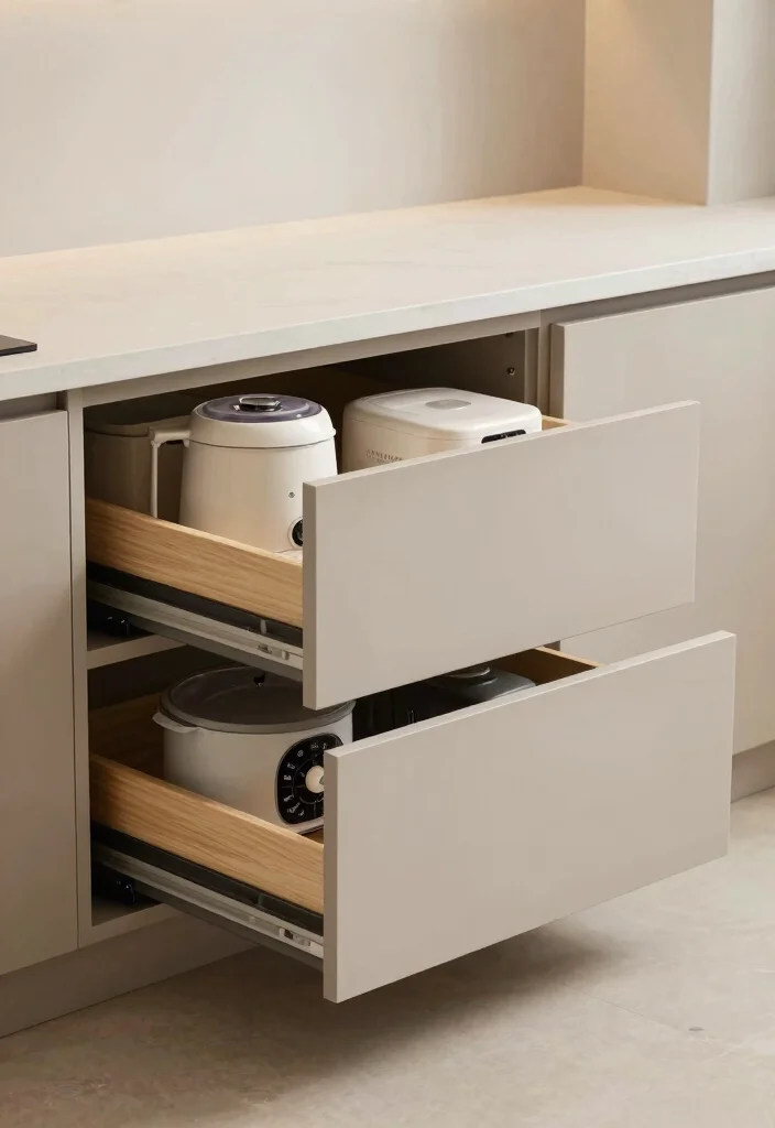 17 Kitchen Garage Cabinet Ideas That Hide Appliances - 10. Under-Bench Storage 1