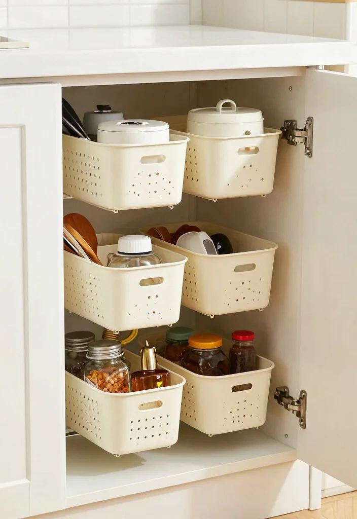 17 Kitchen Garage Cabinet Ideas That Hide Appliances - 5. Cabinet Door Baskets 1