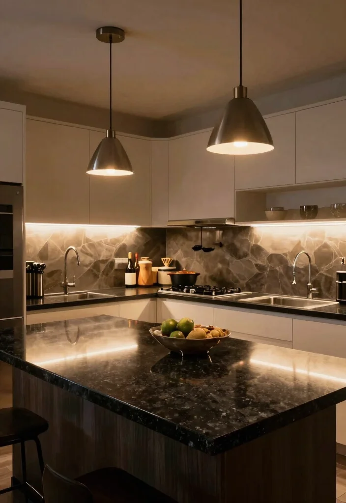 17 Kitchen With Black Granite Countertops Ideas With Luxe Depth - 15. Layered Lighting for Atmosphere 1
