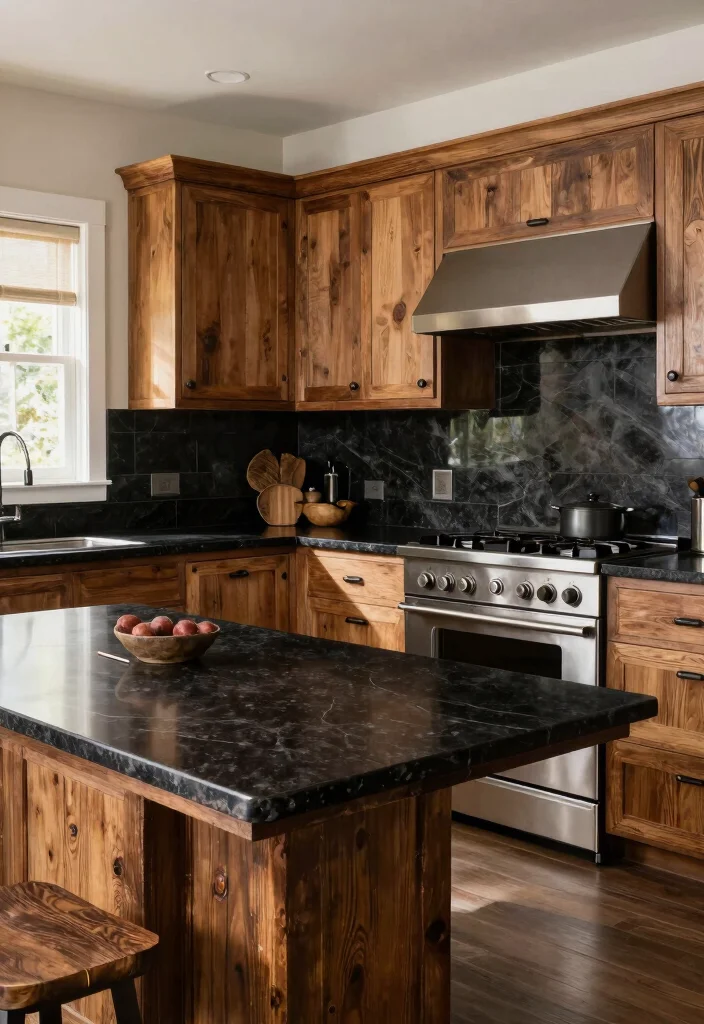 17 Kitchen With Black Granite Countertops Ideas With Luxe Depth - 16. Combining Rustic and Modern Elements 1