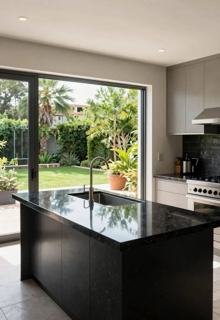 17 Kitchen With Black Granite Countertops Ideas With Luxe Depth - 17. Outdoor-Indoor Flow with Black Granite 1