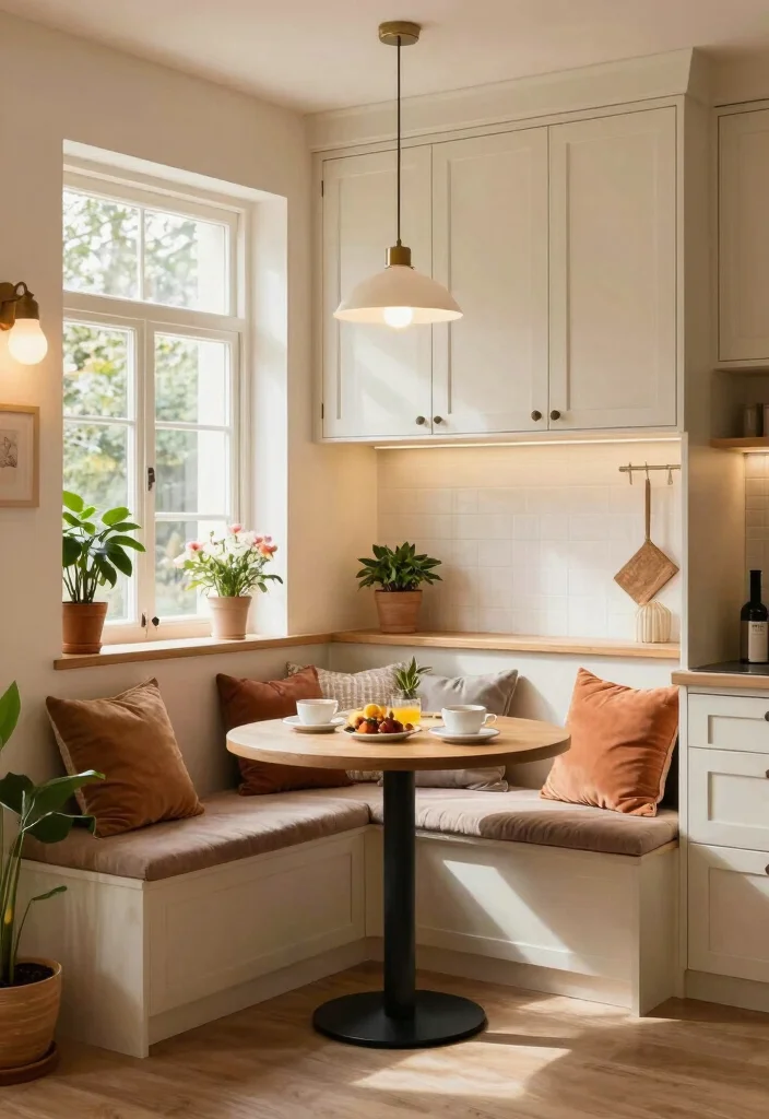 17 Swiss Coffee Kitchen Cabinets Ideas With Creamy Warm Tone - 12. Cozy Nook Spaces 1