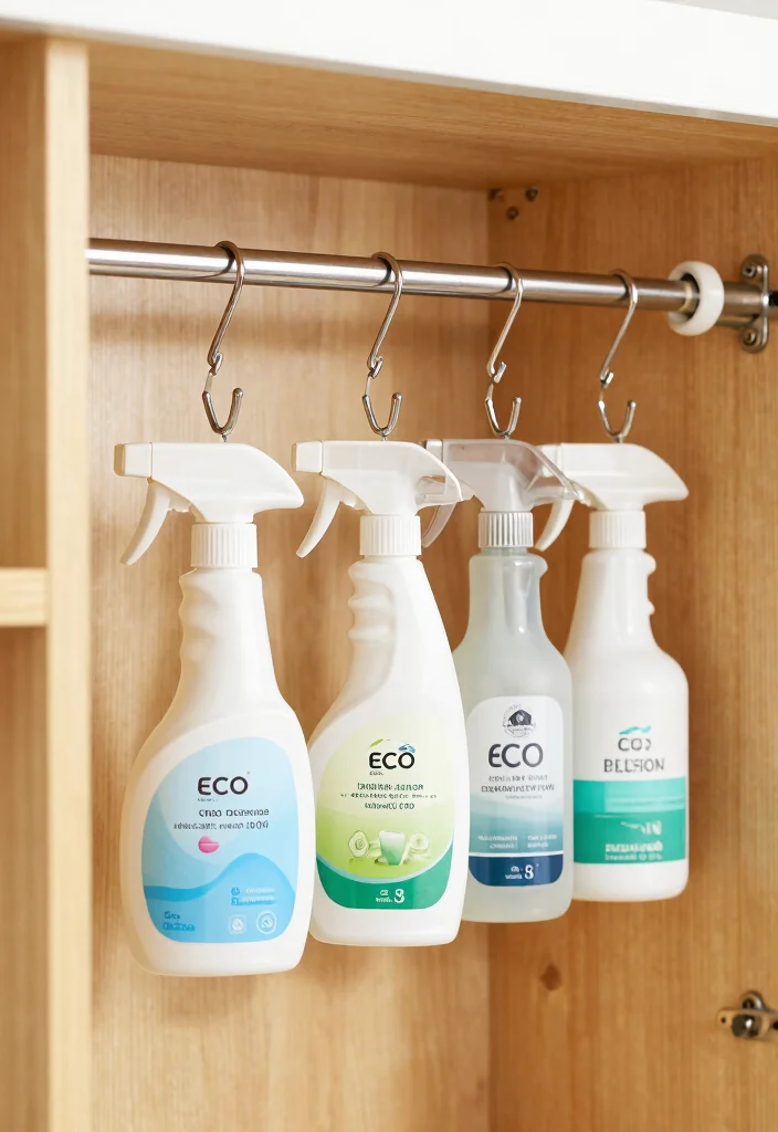 17 Undersink Organizing Kitchen Ideas That Work Smart - 9. Use a Tension Rod for Spray Bottles 1