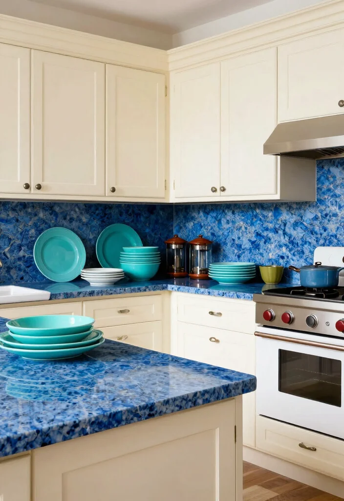 18 Cream Kitchen Cabinets With Granite Ideas With Elegant Contrast 6 18 Cream Kitchen Cabinets With Granite Ideas With Elegant Contrast - 6. Bold Blue-veined Granite Against Cream Cabinets 1