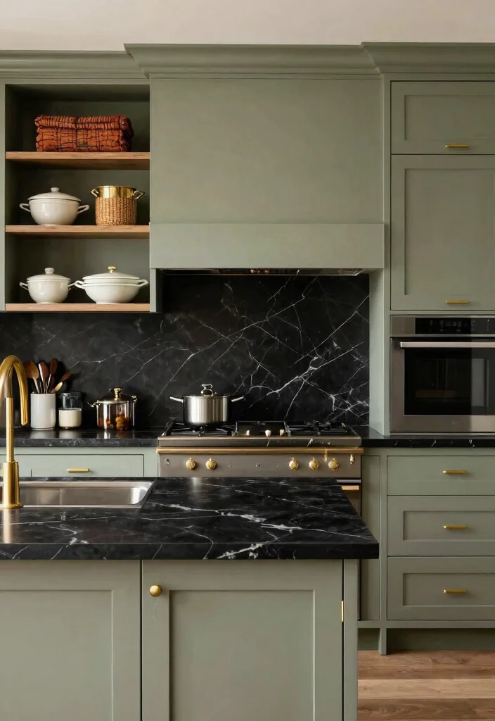 18 Green Kitchen Cabinets Black Countertop Ideas With Bold Contrast 10 18 Green Kitchen Cabinets Black Countertop Ideas With Bold Contrast - 10. Warm Sage with Black Marble Countertops 1