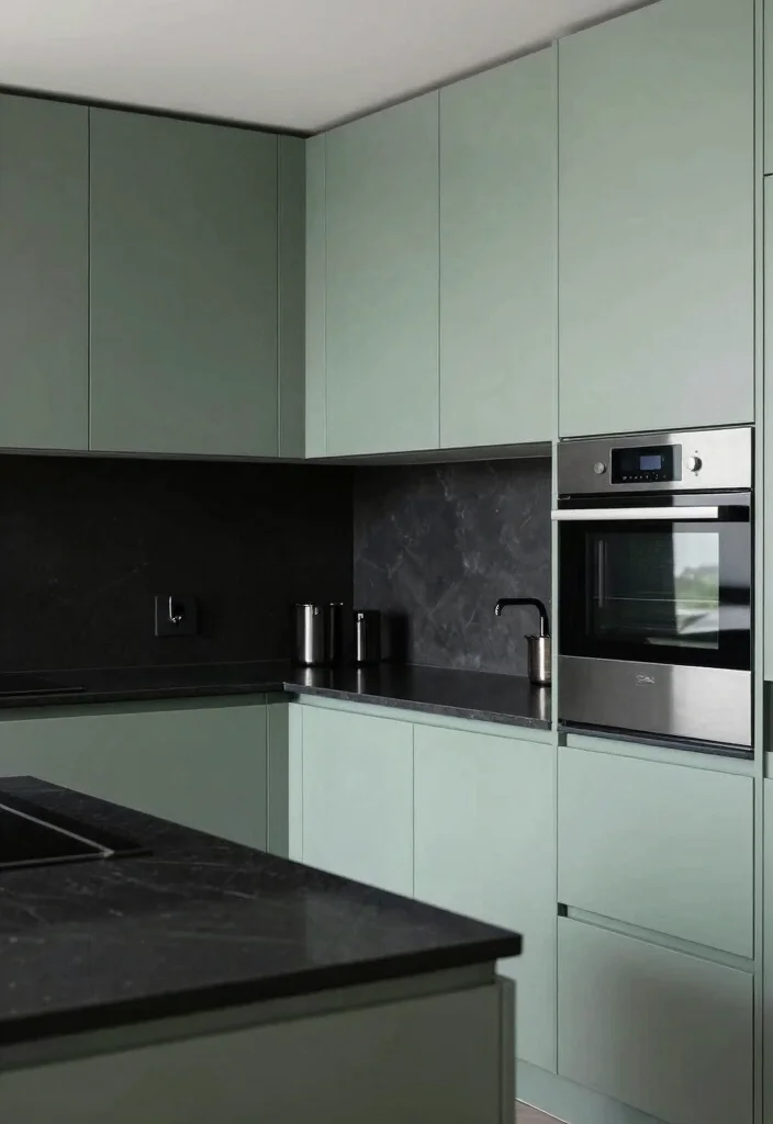 18 Green Kitchen Cabinets Black Countertop Ideas With Bold Contrast 11 18 Green Kitchen Cabinets Black Countertop Ideas With Bold Contrast - 11. Grayish Green Cabinets with Shiny Black Counters 1