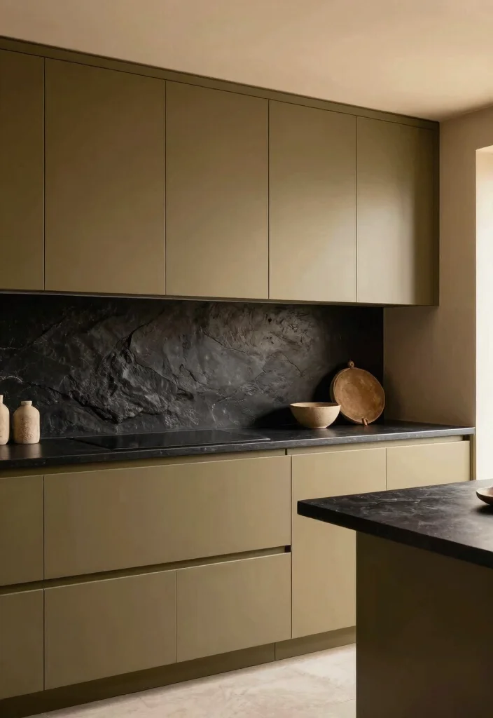 18 Green Kitchen Cabinets Black Countertop Ideas With Bold Contrast 9 18 Green Kitchen Cabinets Black Countertop Ideas With Bold Contrast - 9. Earthy Olive Cabinets with Textured Black Countertops 1