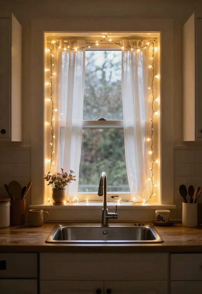 18 Kitchen Window Decor Over Sink Ideas That Brighten Your Space - 15. String Lights for Magical Ambience 1