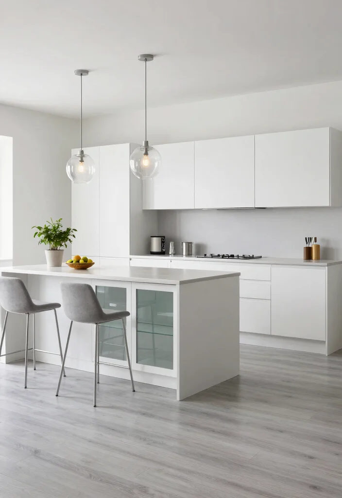 18 Light Grey Floors Kitchen Ideas With Modern Vibes - 1. Sleek and Modern with Glass Accents 1