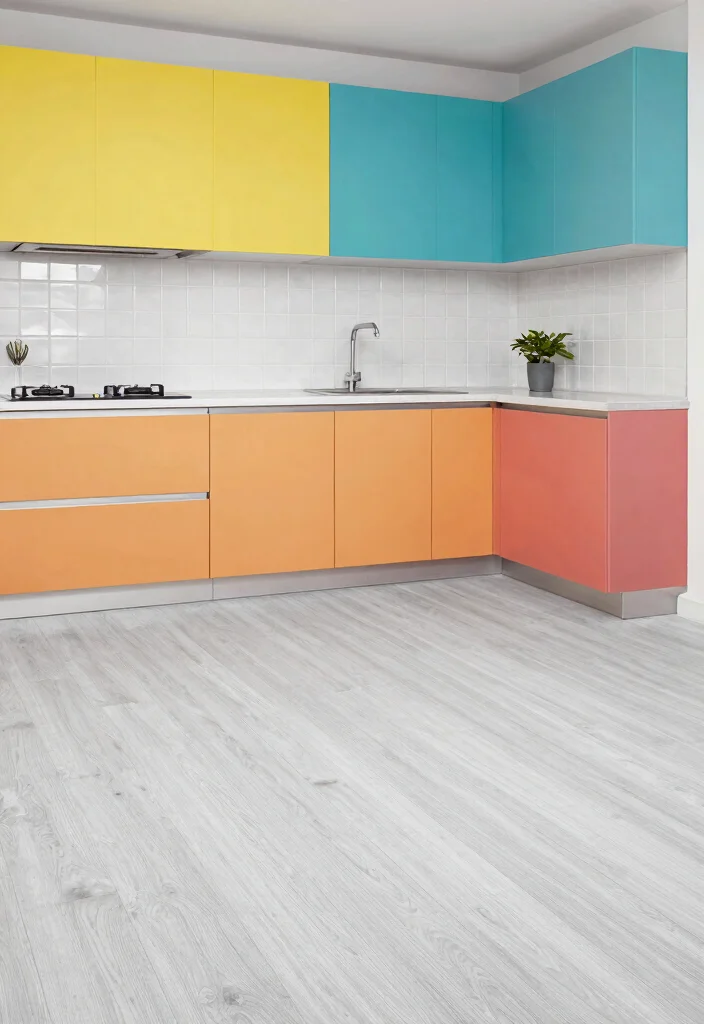 18 Light Grey Floors Kitchen Ideas With Modern Vibes - 16. Creative Use of Color Blocking 1