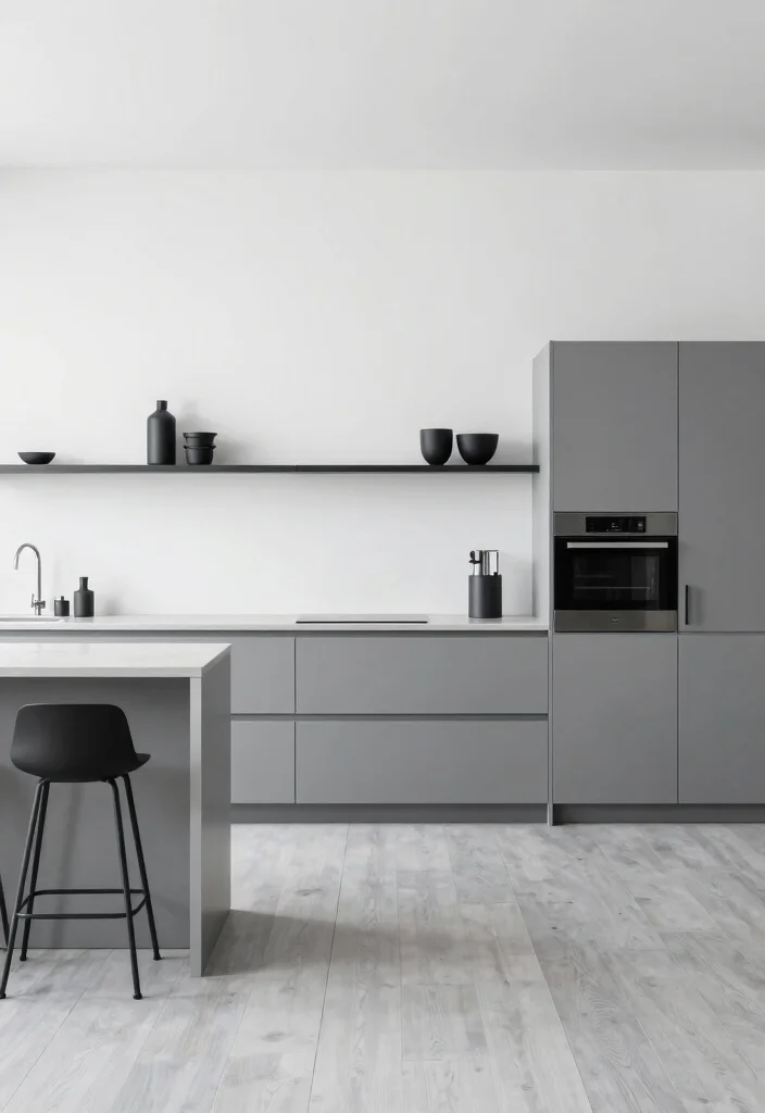 18 Light Grey Floors Kitchen Ideas With Modern Vibes - 3. Minimalist Chic with Monochrome Palette 1