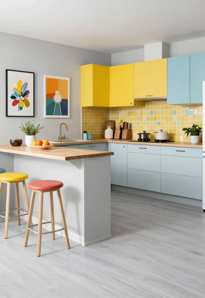 18 Light Grey Floors Kitchen Ideas With Modern Vibes - 5. Pop of Color with Grey Foundation 1