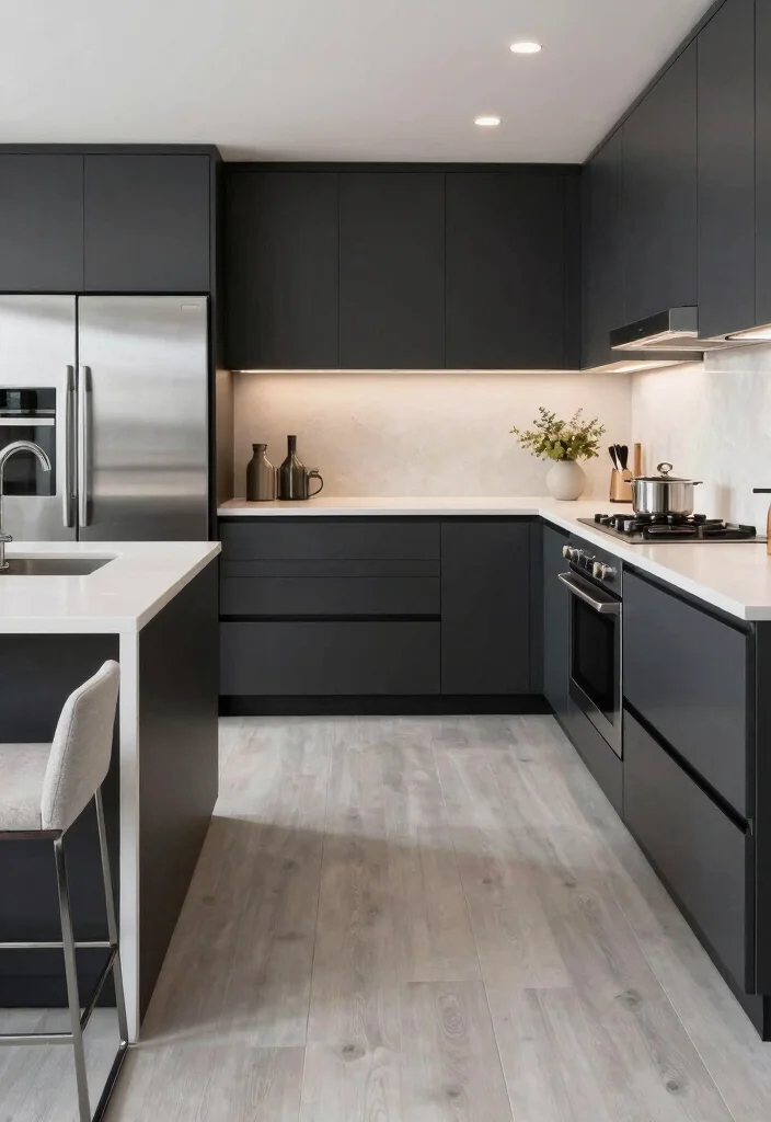 18 Light Grey Floors Kitchen Ideas With Modern Vibes - 6. High Contrast with Dark Fixtures 1