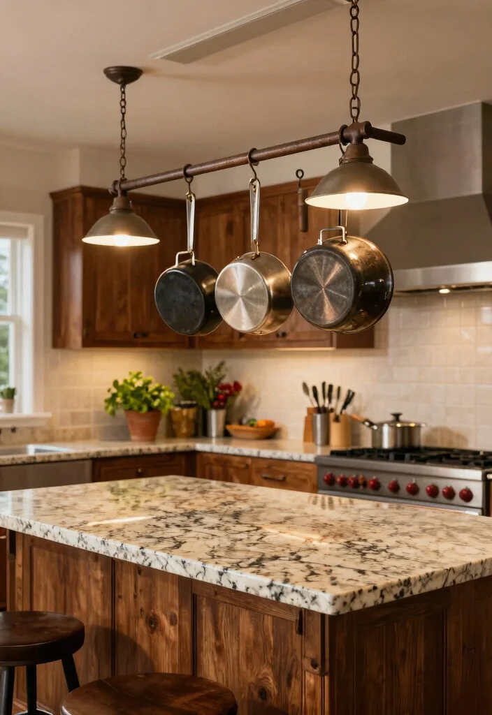 18 Lighting Over Kitchen Island Ideas That Make a Statement 10 18 Lighting Over Kitchen Island Ideas That Make a Statement - 10. Hanging Pot Rack with Integrated Lighting 1